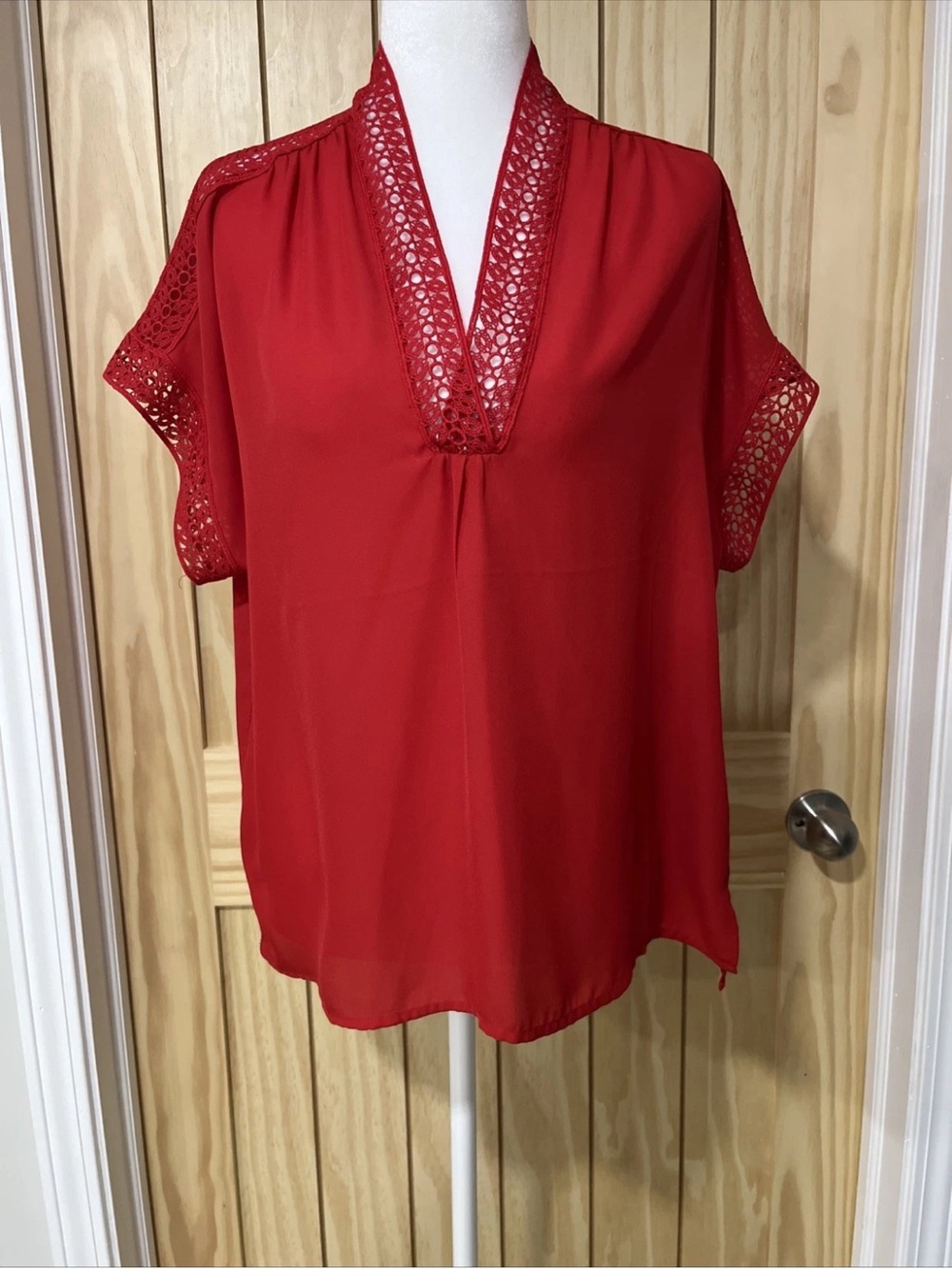 Max Studio Red V-Neck Crochet-Trim Blouse